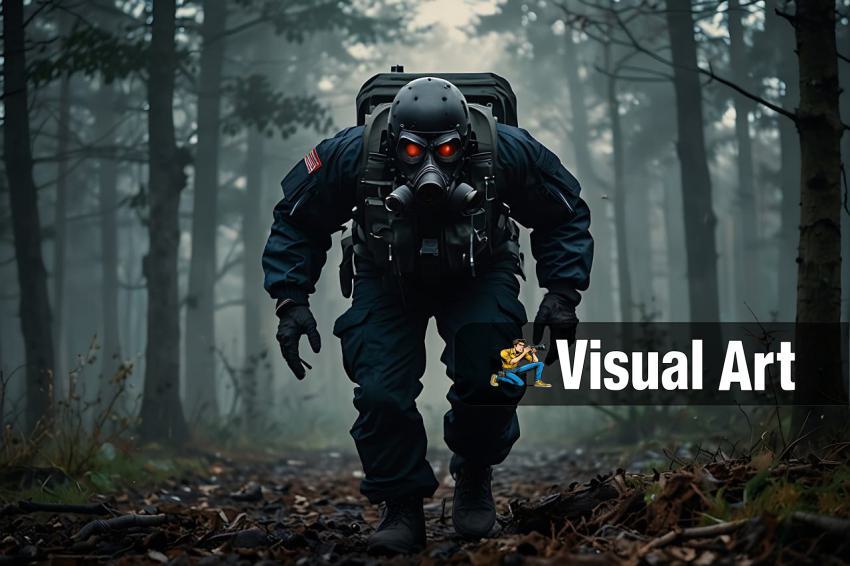 Soldat mit Gasmaske im Wald